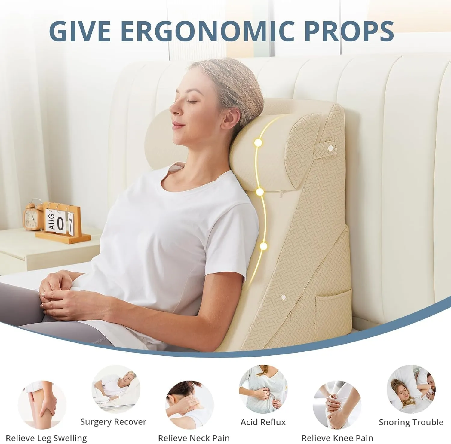 Sasttie Wedge Pillow for Headboard, Adjustable Bed Wedge Pillow Set with Orthopedic Memory Foam Neck Cushion – for Acid Reflux, Neck & Back Support, and Post-Surgery Recovery, Beige