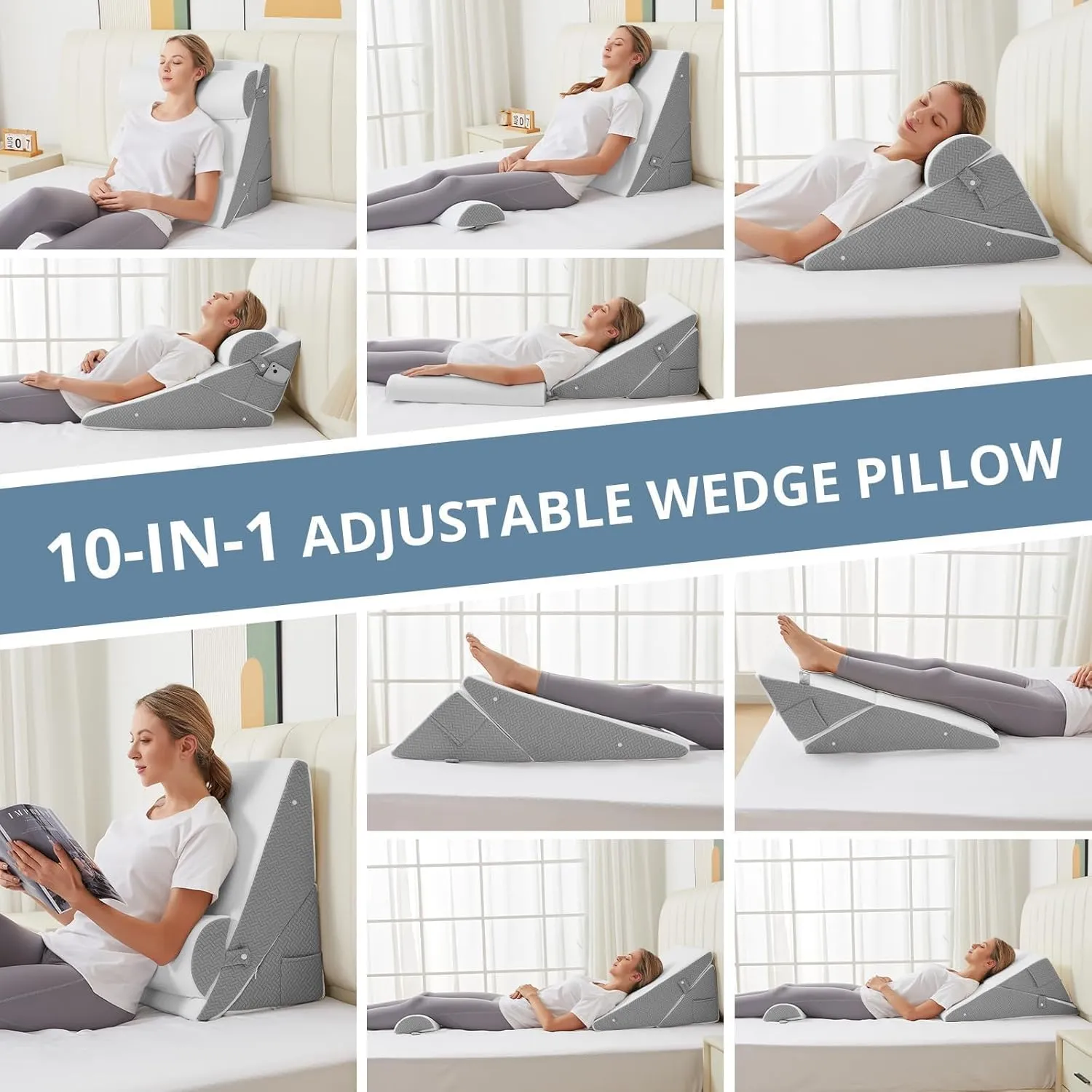 Sasttie Wedge Pillow Set for After Surgery, Adjustable Bed Wedge Pillow Headboard with Orthopedic Memory Foam Neck Cushion – for Acid Reflux, Sleeping, Neck & Back Support, White and Dark Grey