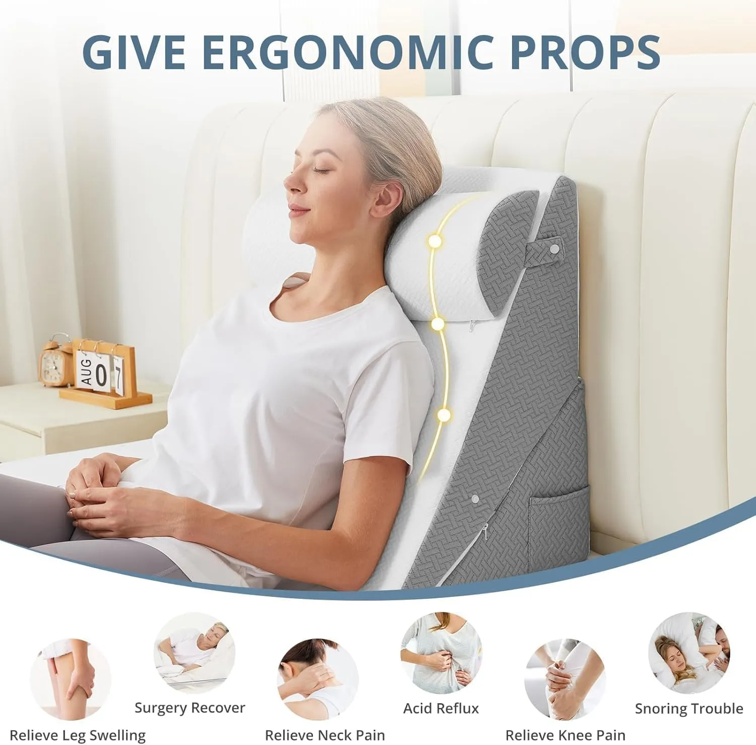 Sasttie Wedge Pillow Set for After Surgery, Adjustable Bed Wedge Pillow Headboard with Orthopedic Memory Foam Neck Cushion – for Acid Reflux, Sleeping, Neck & Back Support, White and Dark Grey
