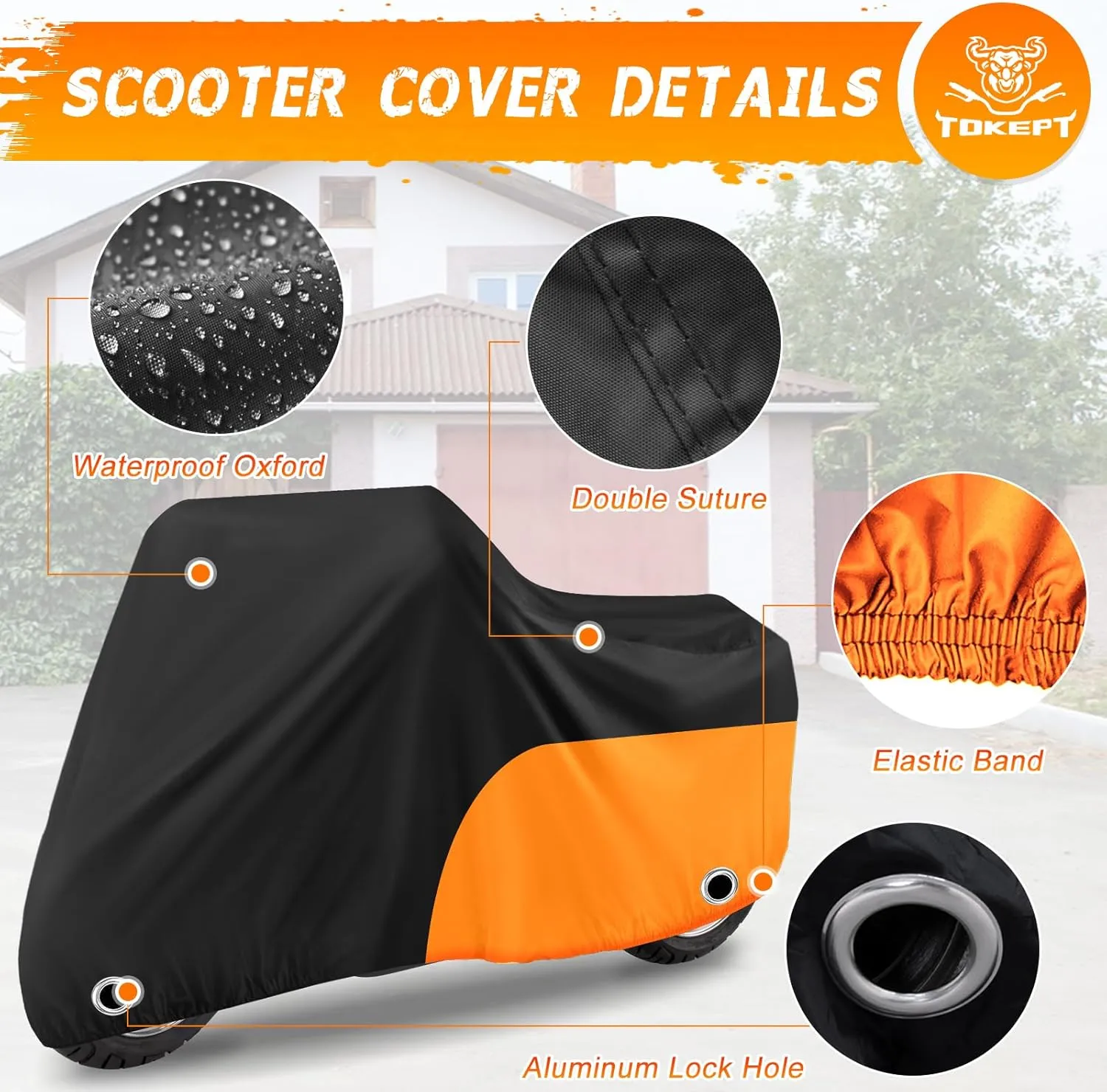 Scooter Cover - Waterproof, Windproof & UV Protection for 72" Yamaha, Honda Ruckus (Black & Orange)