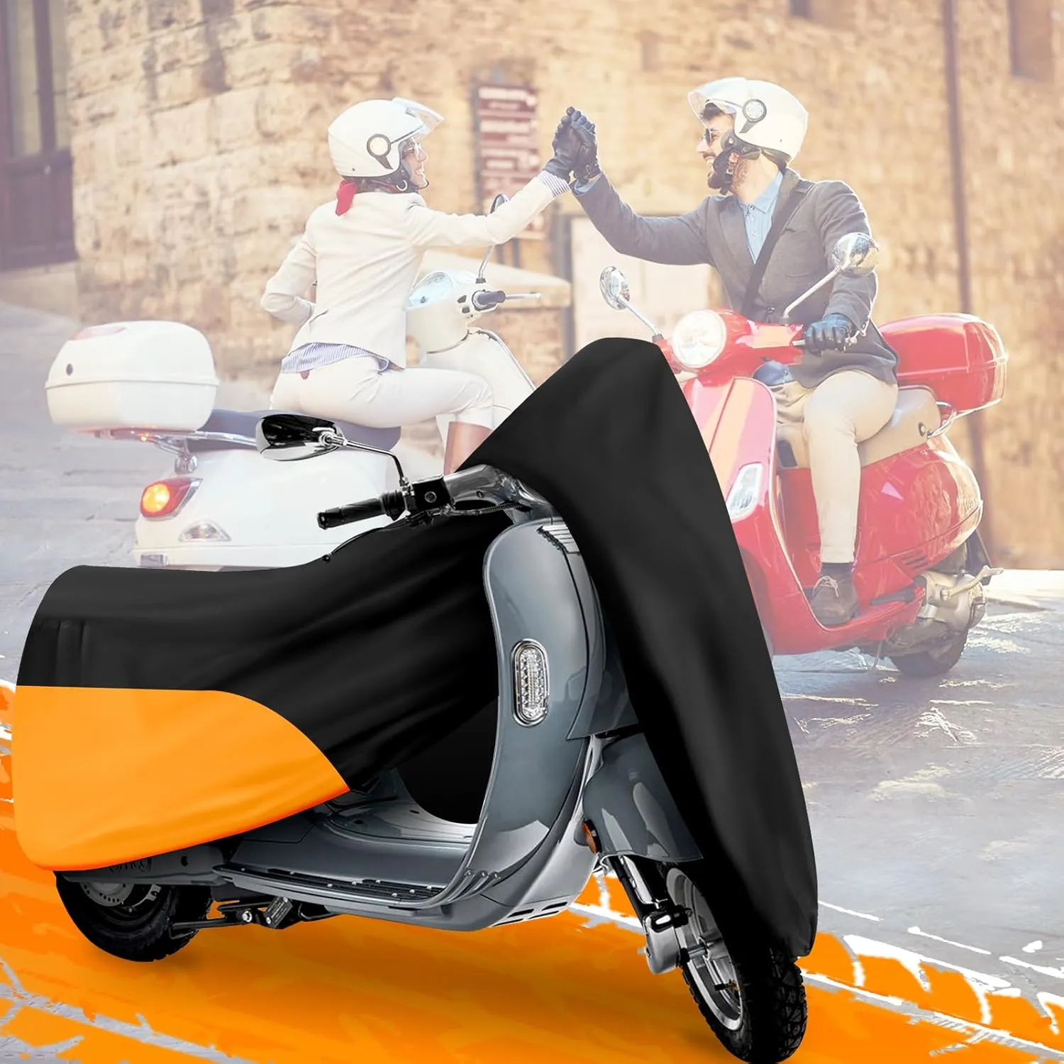 Scooter Cover - Waterproof, Windproof & UV Protection for 72" Yamaha, Honda Ruckus (Black & Orange)