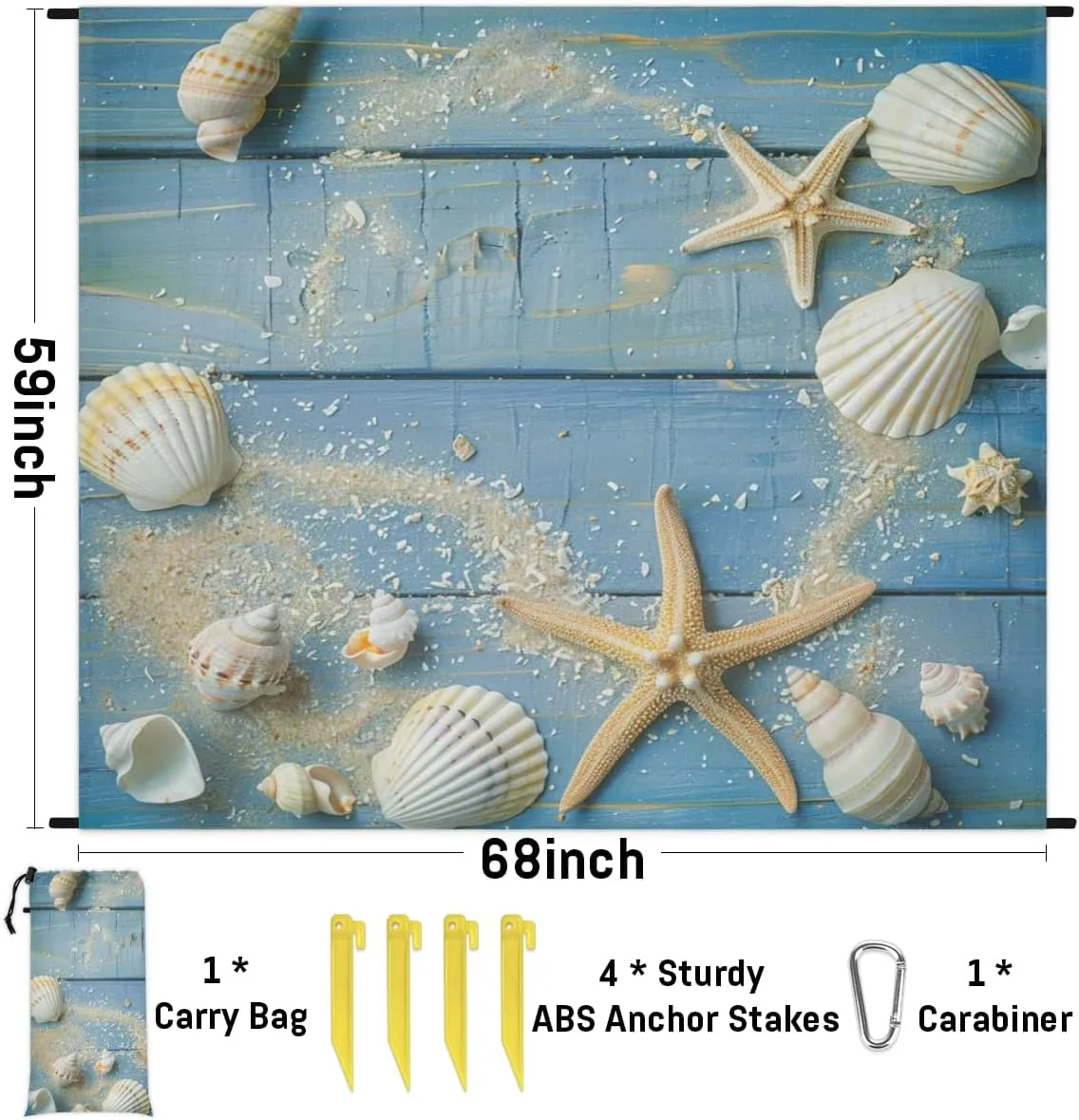 Seashell Beach Blanket, Sandproof Beach Mat, Adults Waterproof Quick Drying Sand Free Mat with 4 x Ground Spikes for Outdoor Travel Camping Hiking, Starfish