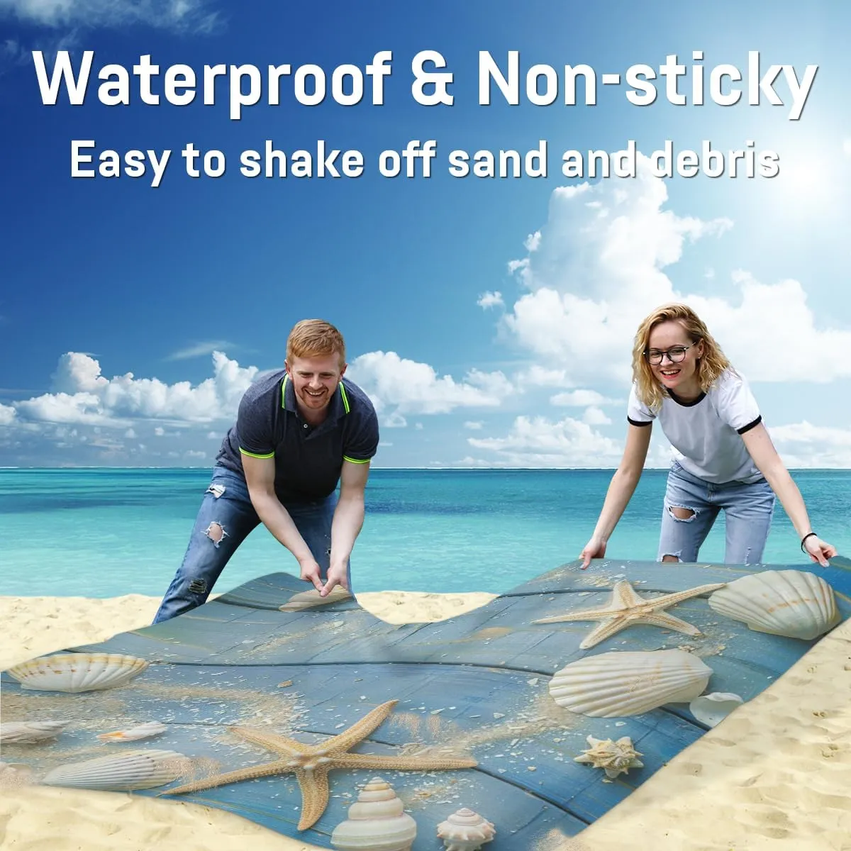 Seashell Beach Blanket, Sandproof Beach Mat, Adults Waterproof Quick Drying Sand Free Mat with 4 x Ground Spikes for Outdoor Travel Camping Hiking, Starfish