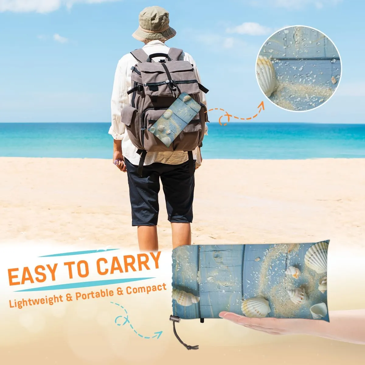 Seashell Beach Blanket, Sandproof Beach Mat, Adults Waterproof Quick Drying Sand Free Mat with 4 x Ground Spikes for Outdoor Travel Camping Hiking, Starfish