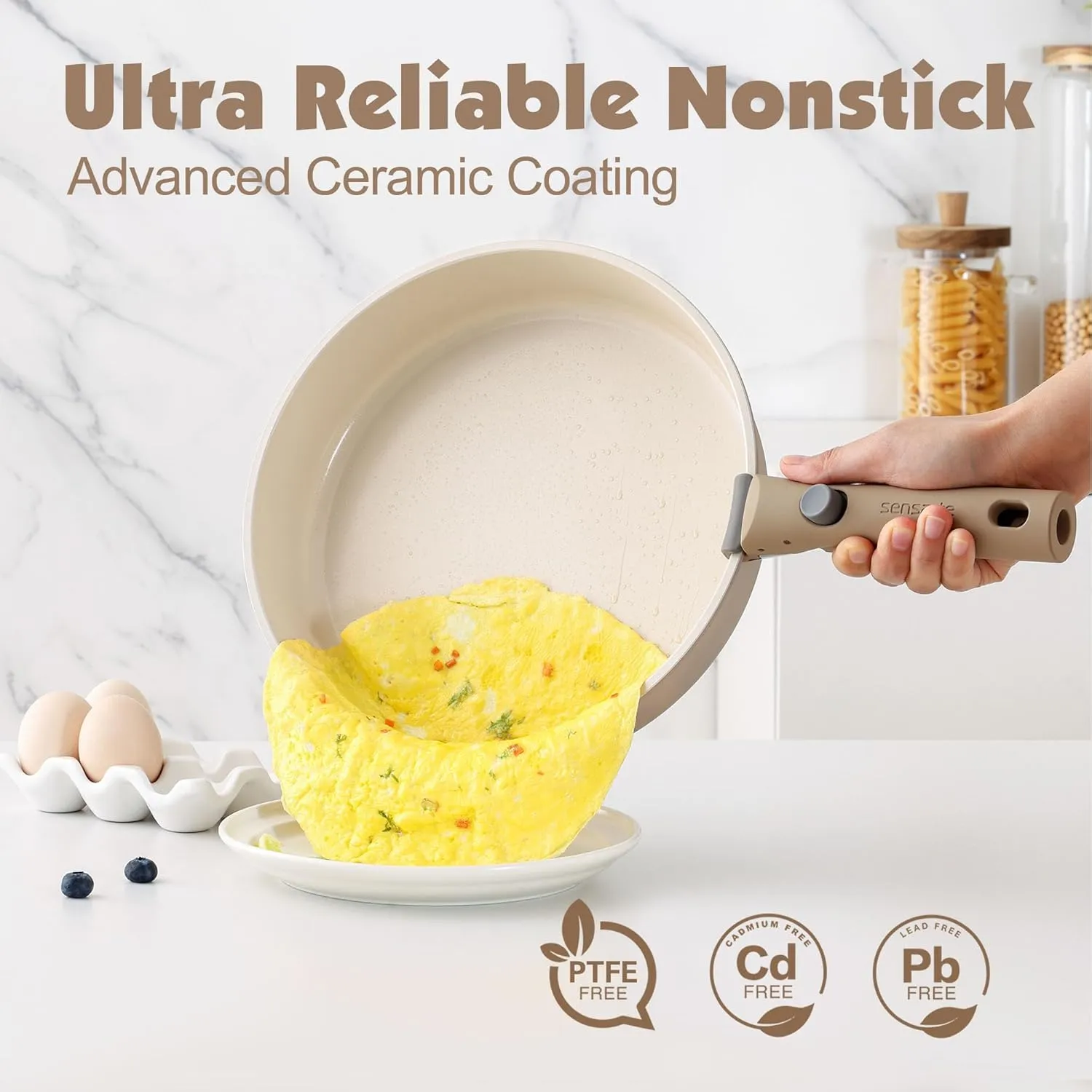 SENSARTE 17 Piece Ceramic Pots and Pans Set, Nonstick Detachable Handle Cookware, Induction Kitchen Cookware Set with Removable Handle, Dishwasher ＆ Oven Safe, PFAS/PTFE/PFOA Free (Almond Beige)