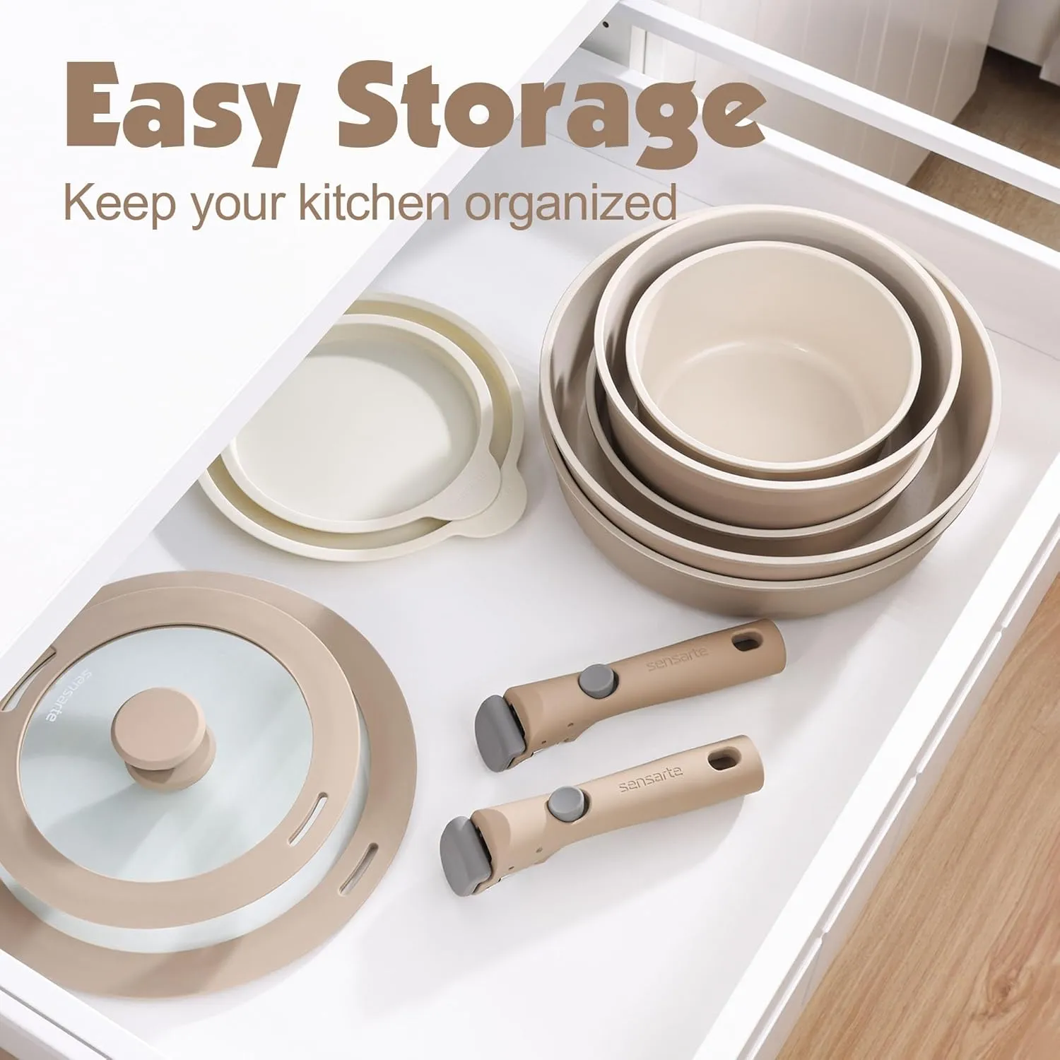SENSARTE 17 Piece Ceramic Pots and Pans Set, Nonstick Detachable Handle Cookware, Induction Kitchen Cookware Set with Removable Handle, Dishwasher ＆ Oven Safe, PFAS/PTFE/PFOA Free (Almond Beige)