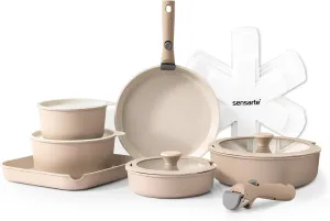 SENSARTE 17 Piece Ceramic Pots and Pans Set, Nonstick Detachable Handle Cookware, Induction Kitchen Cookware Set with Removable Handle, Dishwasher ＆ Oven Safe, PFAS/PTFE/PFOA Free (Almond Beige)