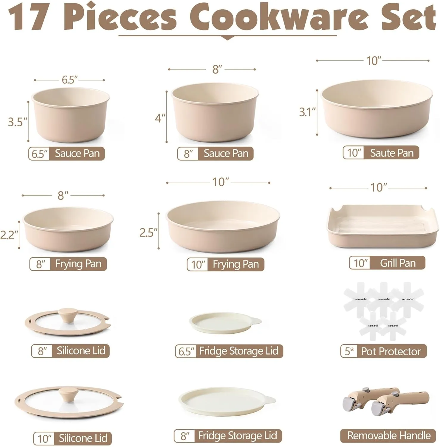 SENSARTE 17 Piece Ceramic Pots and Pans Set, Nonstick Detachable Handle Cookware, Induction Kitchen Cookware Set with Removable Handle, Dishwasher ＆ Oven Safe, PFAS/PTFE/PFOA Free (Almond Beige)