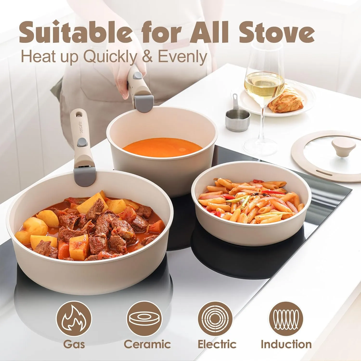 SENSARTE 17 Piece Ceramic Pots and Pans Set, Nonstick Detachable Handle Cookware, Induction Kitchen Cookware Set with Removable Handle, Dishwasher ＆ Oven Safe, PFAS/PTFE/PFOA Free (Almond Beige)