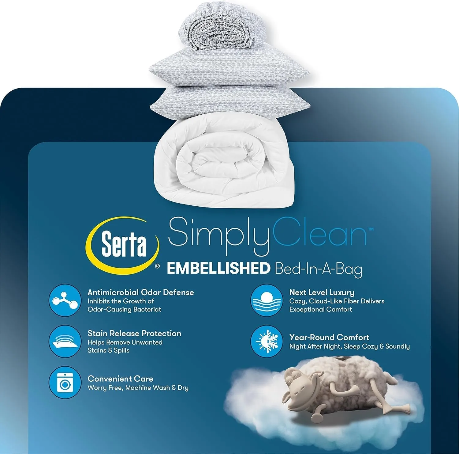 SERTA Simply Clean Lightweight 5 Piece Pleated Bed in a Bag for All Season, Full, Castlerock