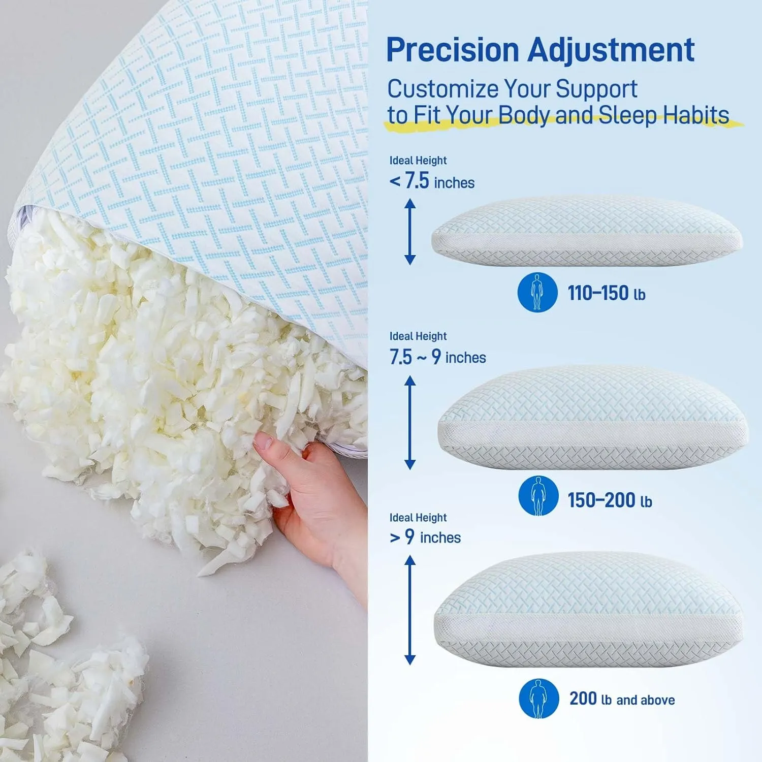 Shredded Memory Foam Cooling Soft Pillow King Size, Adjustable Hypoallergenic Hotel Quality Pillow for Back, Side and Stomach Sleeper, Bamboo Viscose Cover, Oeko-TEX Certified