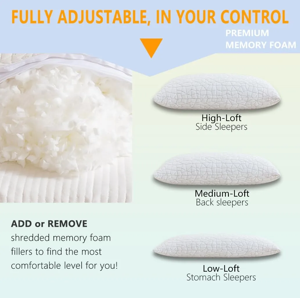 Shredded Memory Foam Pillow, Queen (1-Pack), Adjustable Bed Pillow for Side Back Stomach Sleepers,Comfy Cooling Pillow for Sleeping with Washable Cover…