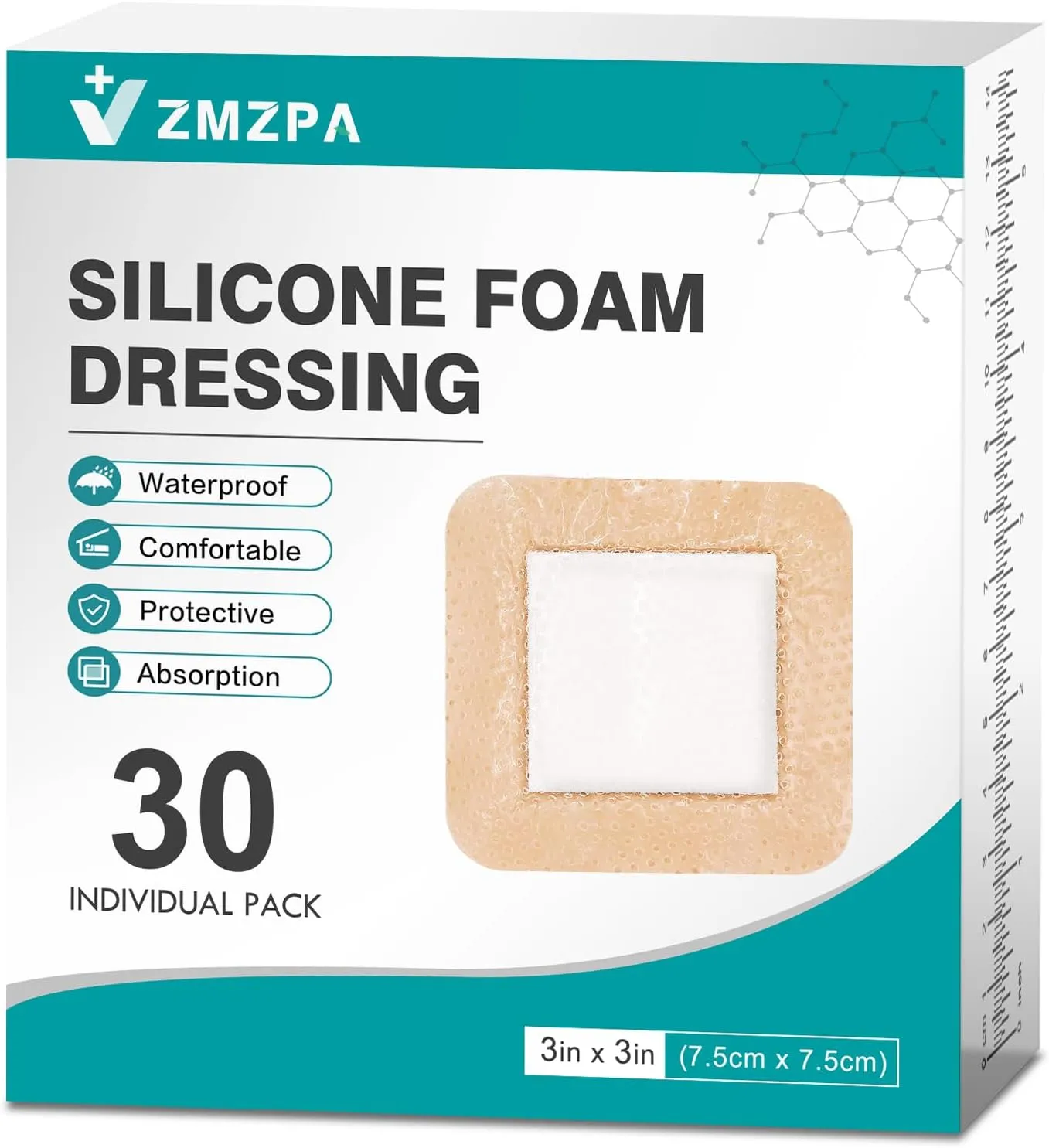 Silicone Foam Dressing 3x3 Gentle Border, HSA FSA Eligible, Waterproof Silicone Bandages for Wounds Care, Bed Sore Patches, Super Absorbent Wound Dressing, Self Adhesive Pressure Sore Pads (30)