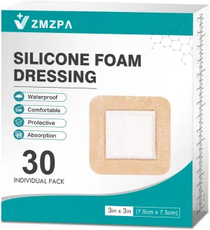 Silicone Foam Dressing 3x3 Gentle Border, HSA FSA Eligible, Waterproof Silicone Bandages for Wounds Care, Bed Sore Patches, Super Absorbent Wound Dressing, Self Adhesive Pressure Sore Pads (30)