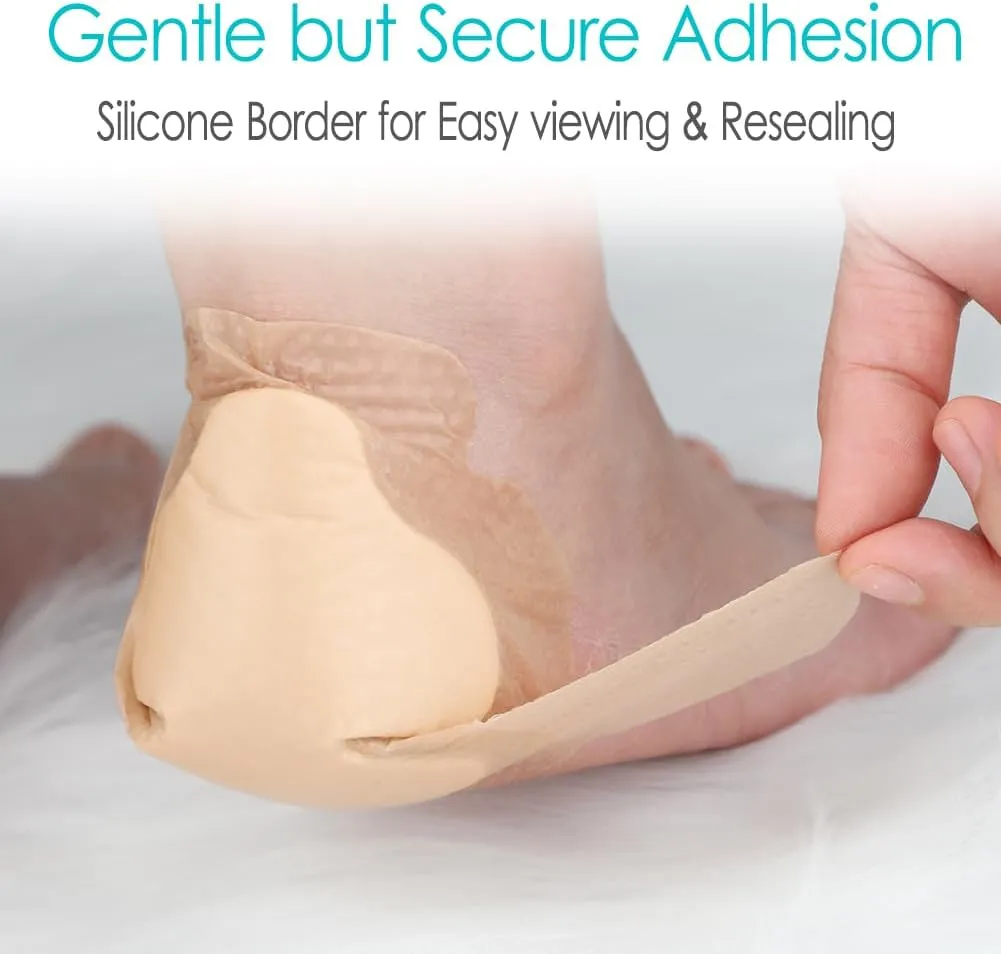 Silicone Heel Bordered Foam Dressing Waterproof Absorbent Wounds Bandages Pressure Sore Adhesive Border Protector for Cracked Heels/Ankle/Elbow Bedsore Ulcer 5"x8" Pack of 4