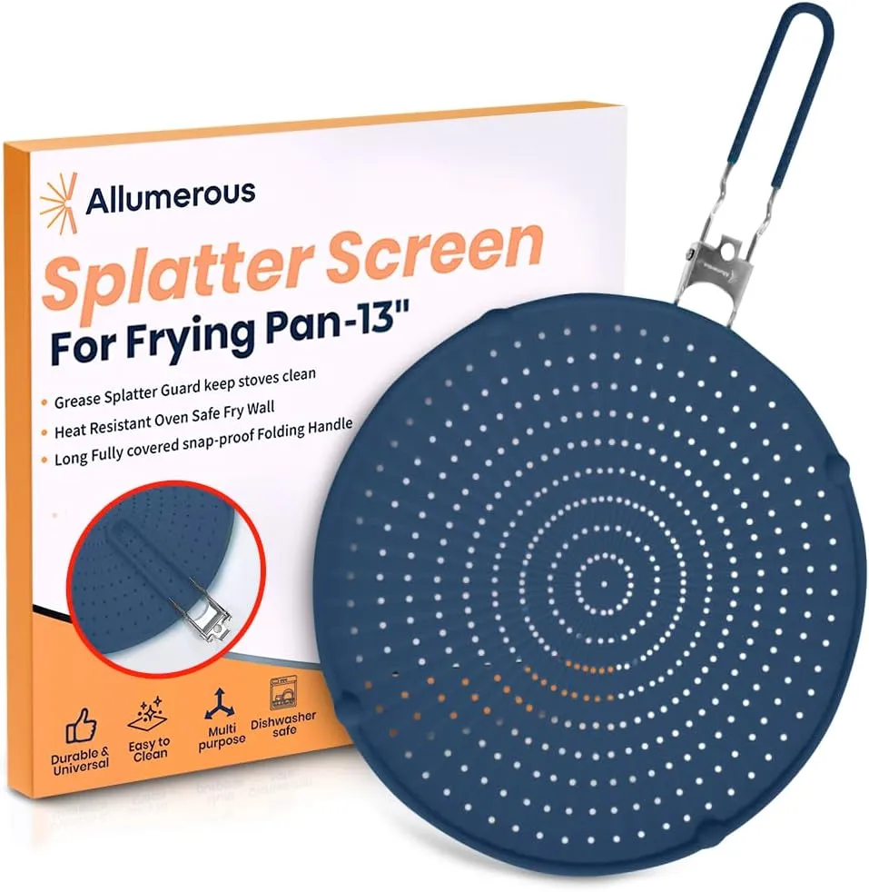 Silicone Splatter Screen for Frying Pan | Navy 13" | Foldable Heatproof Handle with Sleeves | Compact Oven Safe Fry Wall | Versatile Grease Splatter Guard | Oil Splash Guard for Cooking and Baking