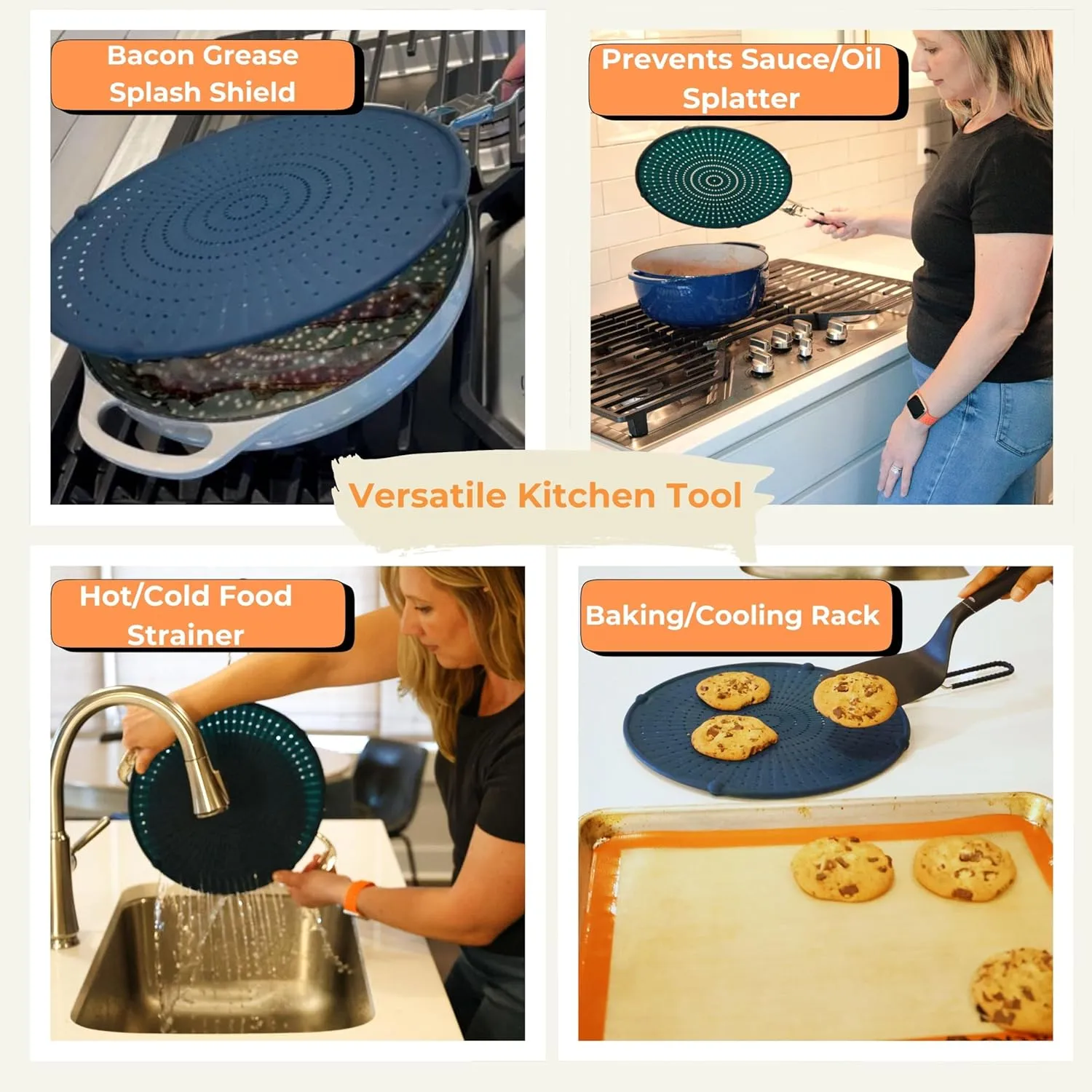 Silicone Splatter Screen for Frying Pan | Navy 13" | Foldable Heatproof Handle with Sleeves | Compact Oven Safe Fry Wall | Versatile Grease Splatter Guard | Oil Splash Guard for Cooking and Baking