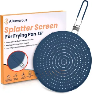 Silicone Splatter Screen for Frying Pan | Navy 13" | Foldable Heatproof Handle with Sleeves | Compact Oven Safe Fry Wall | Versatile Grease Splatter Guard | Oil Splash Guard for Cooking and Baking