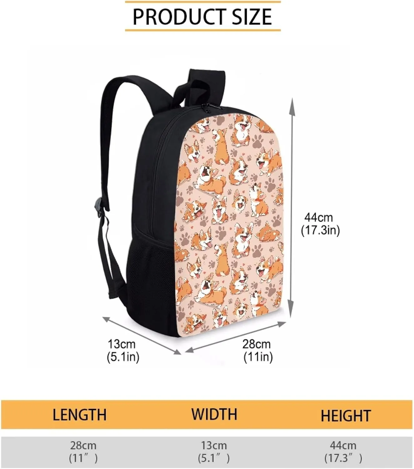 Simple School Bag for Kids Dog Corgi Backpack for Student Cute Print Large Capacity Bookbag with Adjustable Shoulder Straps Lightweight Sturdy Backpack for Boys Girls