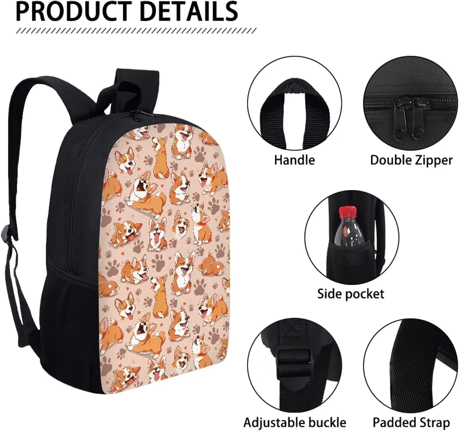 Simple School Bag for Kids Dog Corgi Backpack for Student Cute Print Large Capacity Bookbag with Adjustable Shoulder Straps Lightweight Sturdy Backpack for Boys Girls
