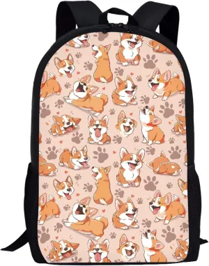 Simple School Bag for Kids Dog Corgi Backpack for Student Cute Print Large Capacity Bookbag with Adjustable Shoulder Straps Lightweight Sturdy Backpack for Boys Girls