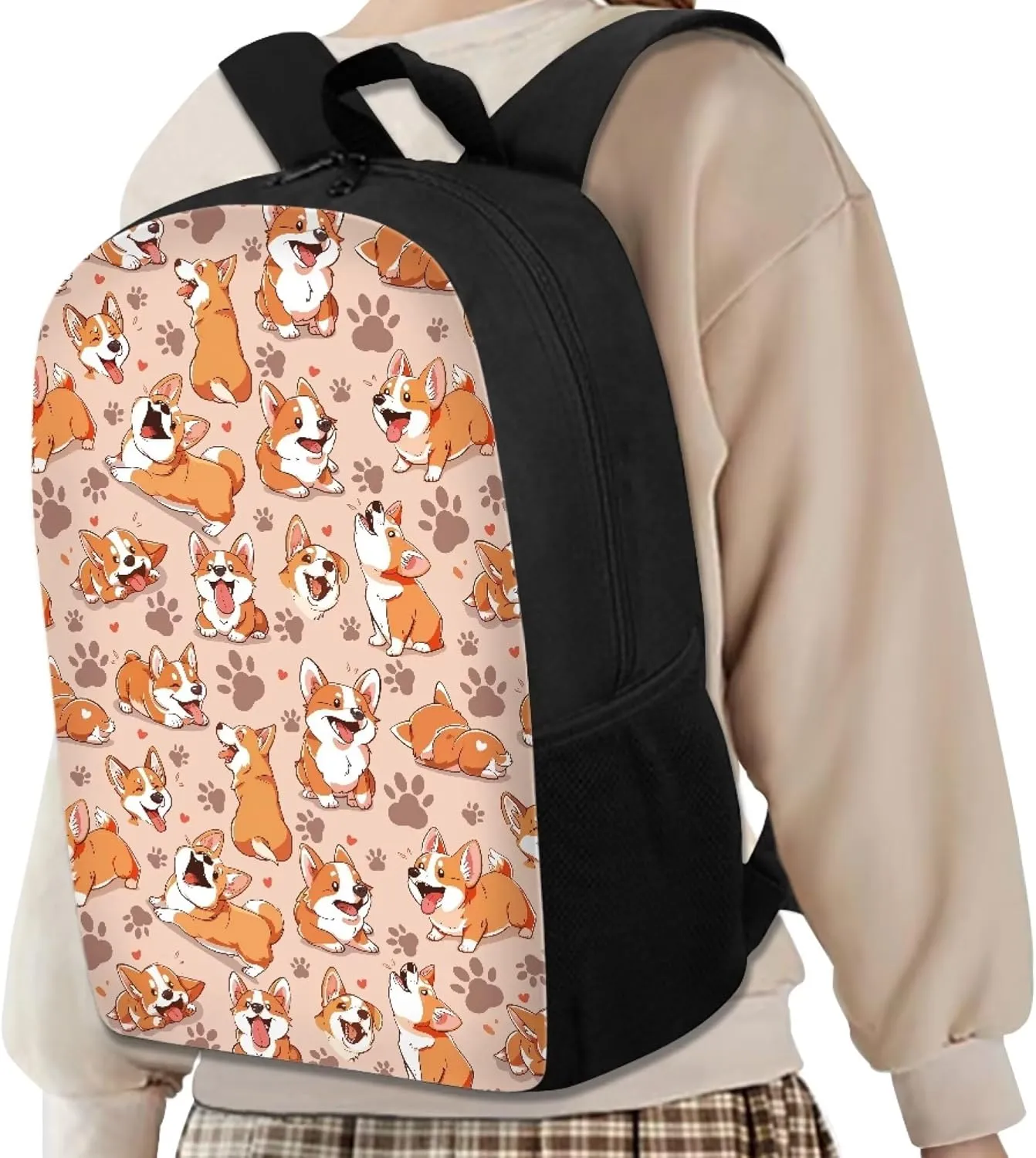Simple School Bag for Kids Dog Corgi Backpack for Student Cute Print Large Capacity Bookbag with Adjustable Shoulder Straps Lightweight Sturdy Backpack for Boys Girls
