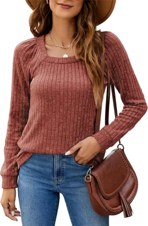 SimpleFun Women's Fall Sweaters Lightweight Square Neck Pullover Casual Long Sleeve Tunic Tops