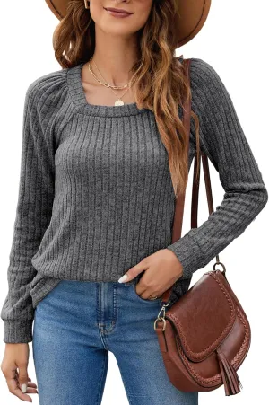 SimpleFun Women's Fall Sweaters Lightweight Square Neck Pullover Casual Long Sleeve Tunic Tops