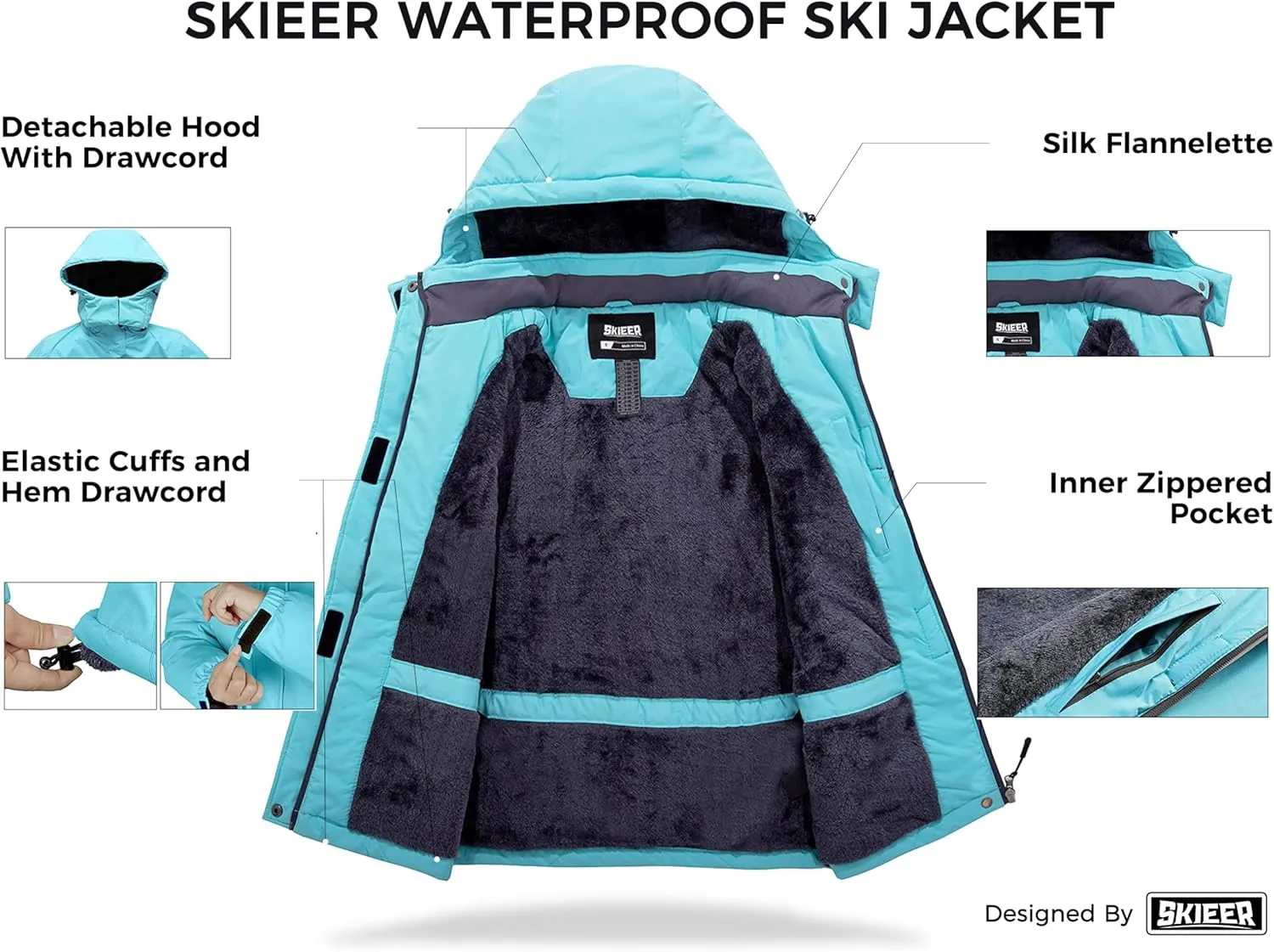 Skieer Women's Ski Jacket Waterproof Windproof Snowboard Jacket Warm Hooded Winter Coat