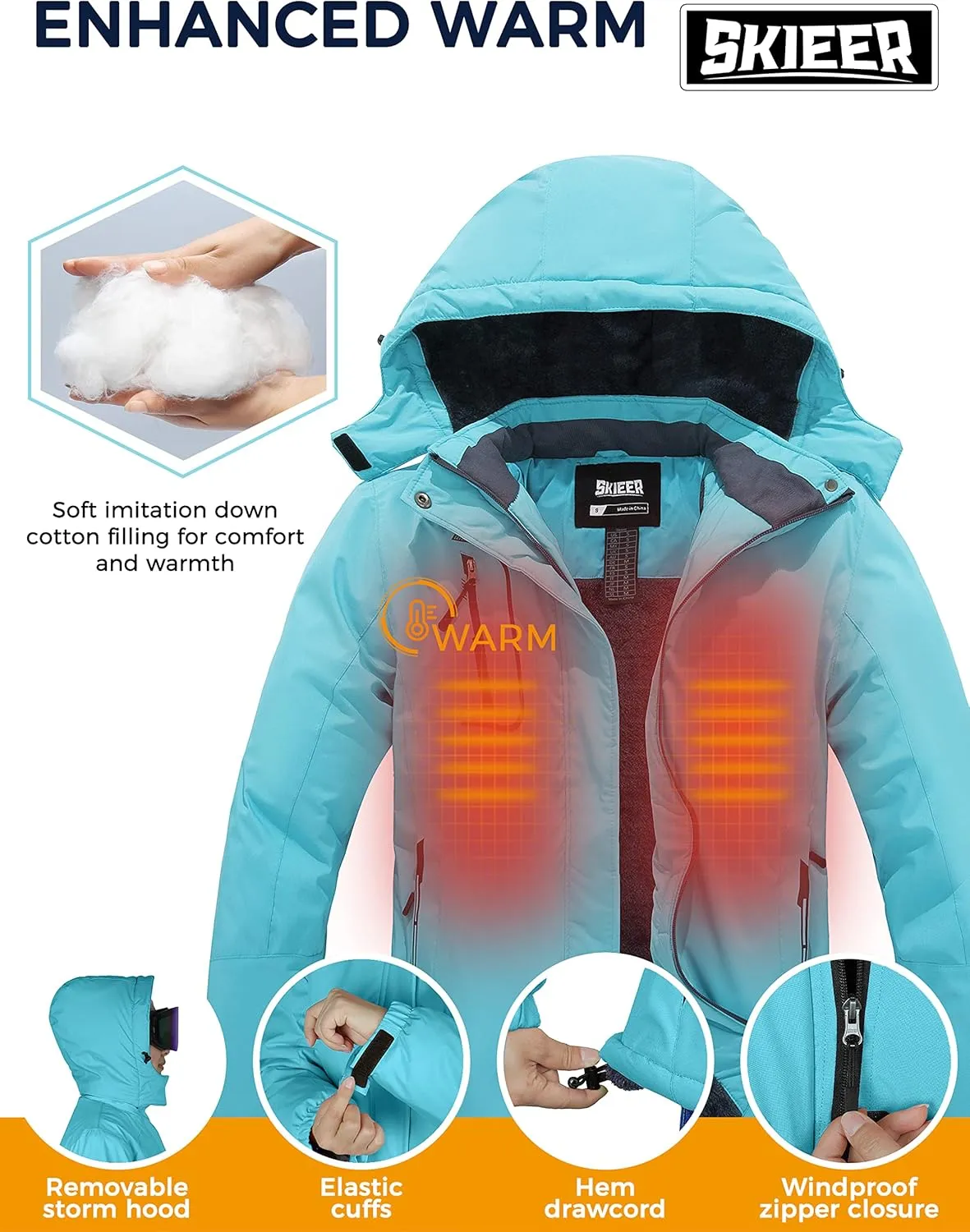 Skieer Women's Ski Jacket Waterproof Windproof Snowboard Jacket Warm Hooded Winter Coat