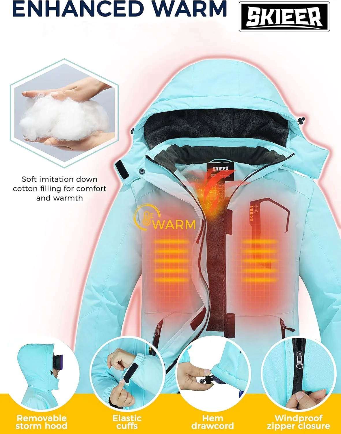 Skieer Women's Waterproof Ski Jacket Warm Winter Coat Fleece Snowboarding Coat