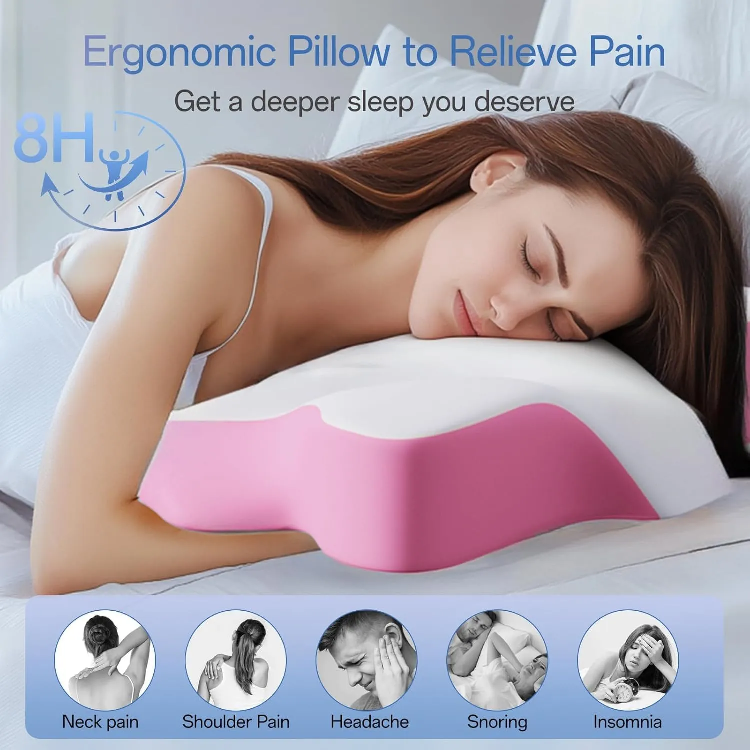 SKYEMAC Cervical Neck Pillow, Neck and Shoulder Support Pain Relief Pillow, Memory Foam Contoured Height Adjustable Pillow, Ergonomic Orthopedic Pillow for Bed Side Back Stomach Sleeper,Pink