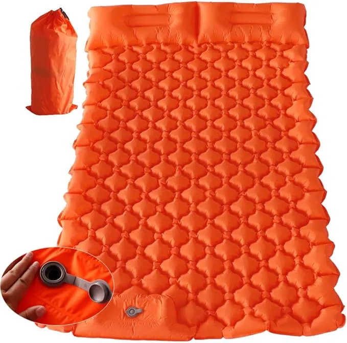 Sleeping Pad for Camping, Inflatable Sleeping Mat with Pillow, Camping Pad with Built-in Foot Pump, Lightweight Camping Mattress Pad for Car Camping, Backpacking, Tent and Hiking (Full (Orange))