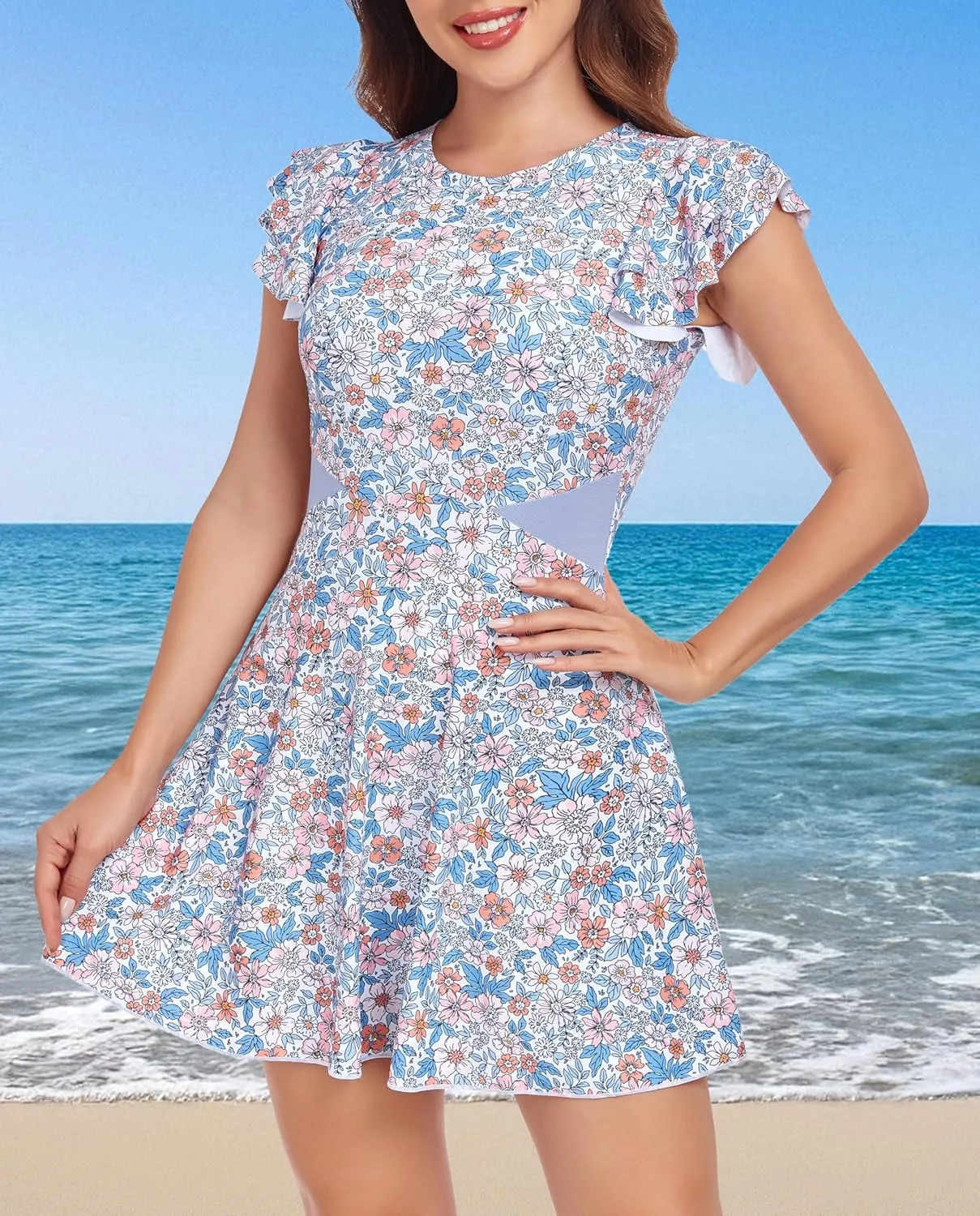 Smismivo One Piece Swim Dress Modest Swimsuits for Women Tummy Control Bathing Suit Skirt with Sleeves Swimdress Swimwear