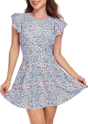 Smismivo One Piece Swim Dress Modest Swimsuits for Women Tummy Control Bathing Suit Skirt with Sleeves Swimdress Swimwear