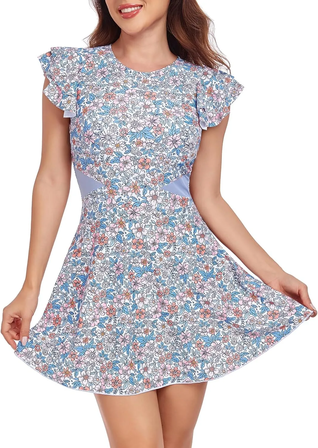 Smismivo One Piece Swim Dress Modest Swimsuits for Women Tummy Control Bathing Suit Skirt with Sleeves Swimdress Swimwear
