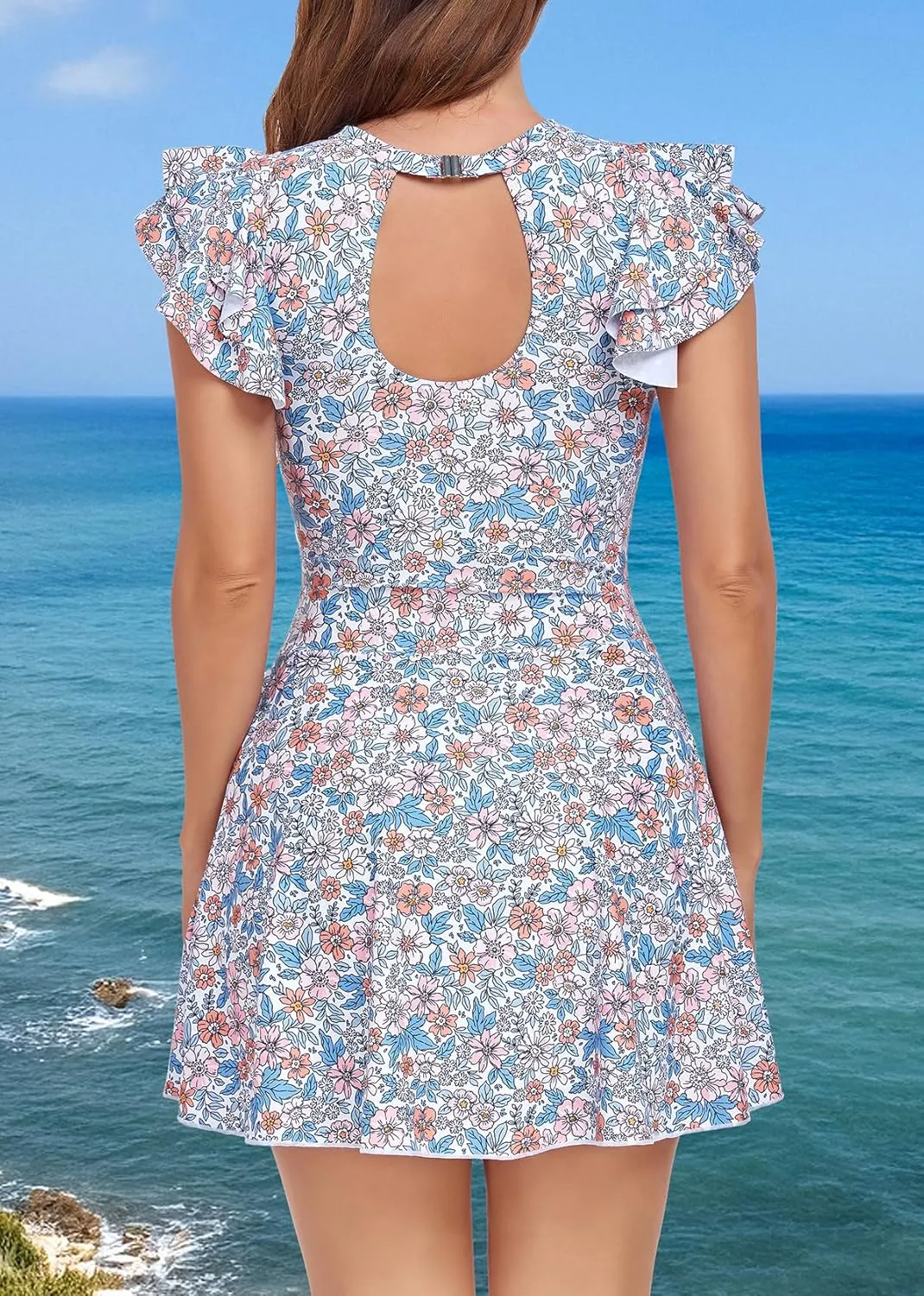 Smismivo One Piece Swim Dress Modest Swimsuits for Women Tummy Control Bathing Suit Skirt with Sleeves Swimdress Swimwear