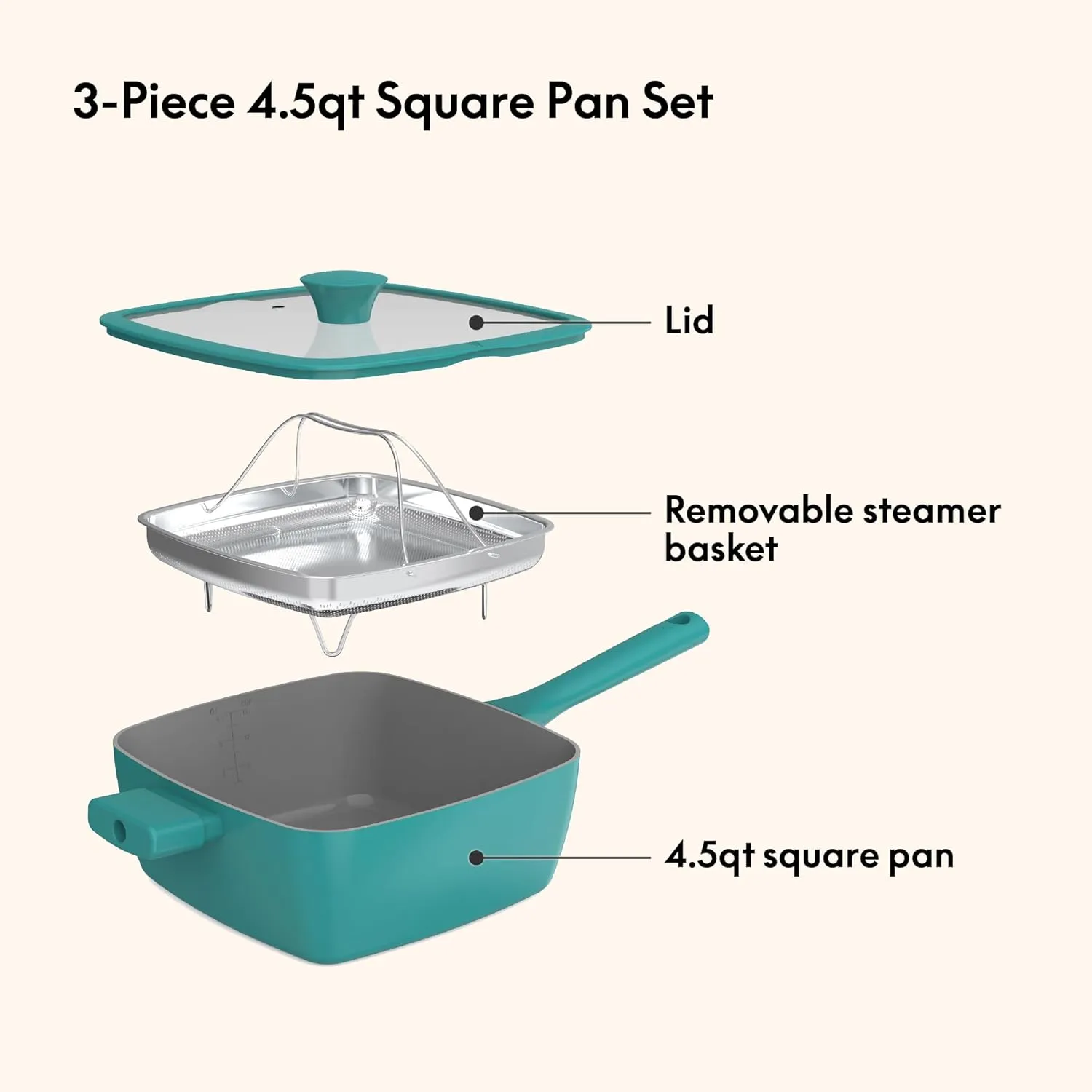So Yummy by bella 3 Piece Square Pan Set, Aluminum Cookware Set w EverGood™ Ceramic Nonstick Coating​, Dishwasher Safe Silicone & Glass Lids, Oven Safe & All Stovetop Compatible, 4.5Qt, Moonstruck