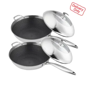 SOGA 2X 18/10 Stainless Steel Fry Pan 32cm Frying Pan Top Grade Non Stick Interior Skillet with Helper Handle and Lid