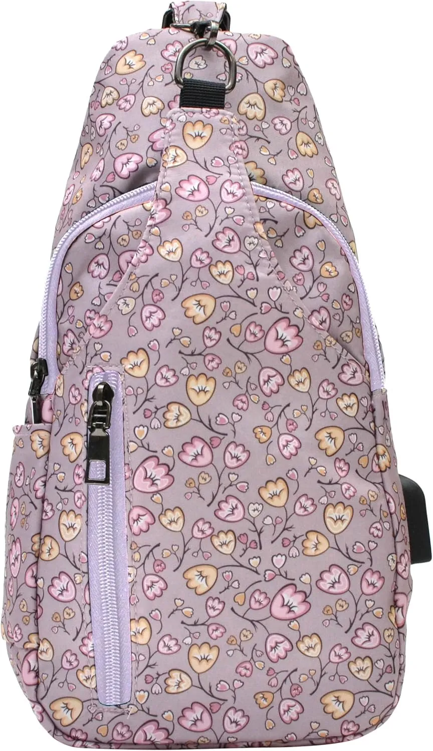 Sonoma Antitheft Daypack Crossbody Sling Backpack, USB Charging, Lightweight Day Pack for Travel, Hiking, Everyday, Regular Mauve Floral