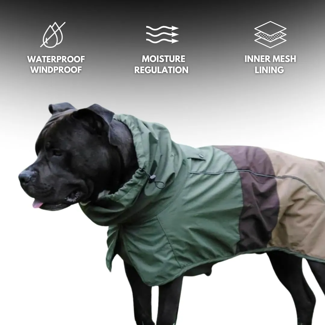 Spark Paws Dog Raincoat, Waterproof Windproof Rain Jacket, for Small Medium Large Extra Large Dogs, Reflective Breathable Full-Body Coverage Dry Suit - Green Brown Tan, 2XL
