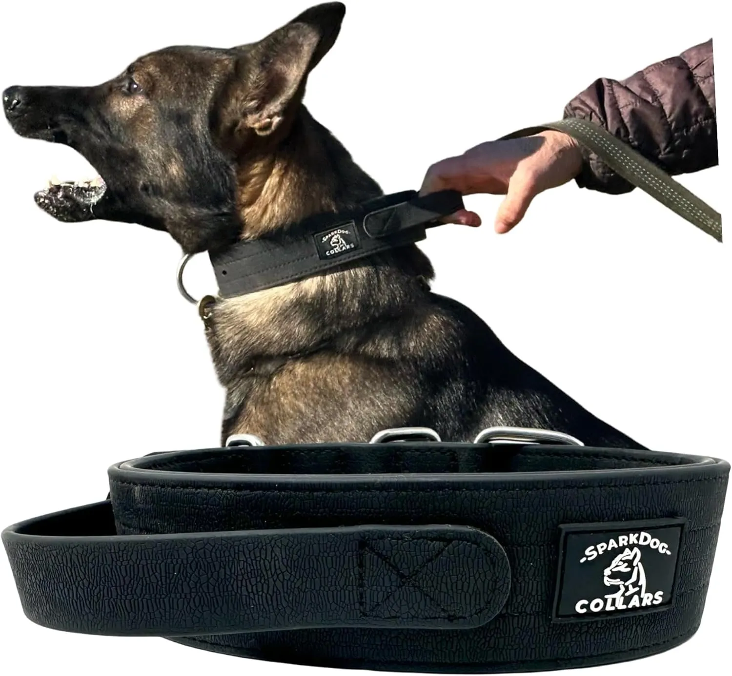 SparkDog Collars Waterproof Working Dog Collar with Handle, Agitation, Dock Diving, Canine Biathlon, Military Tactical Style, Hiking, Adventure, Traffic Control Handle, Service Dog (Black, Handle)