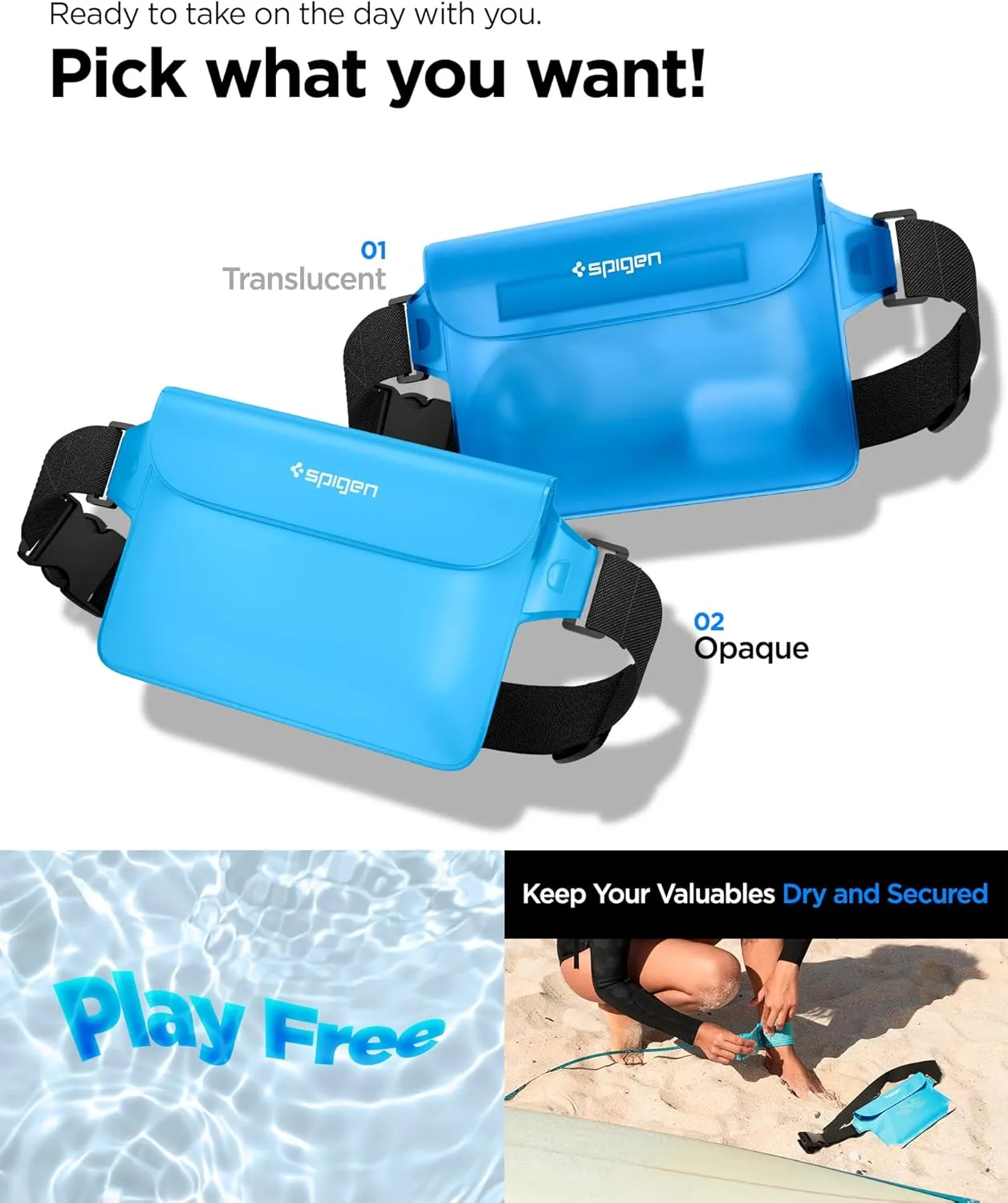 Spigen AquaShield A620 Waterproof Cell Phone Bag, Dry Bag, Fanny Pack with Adjustable Waist Strap for Beach, Swimming, Boating, Fishing, Hiking, etc