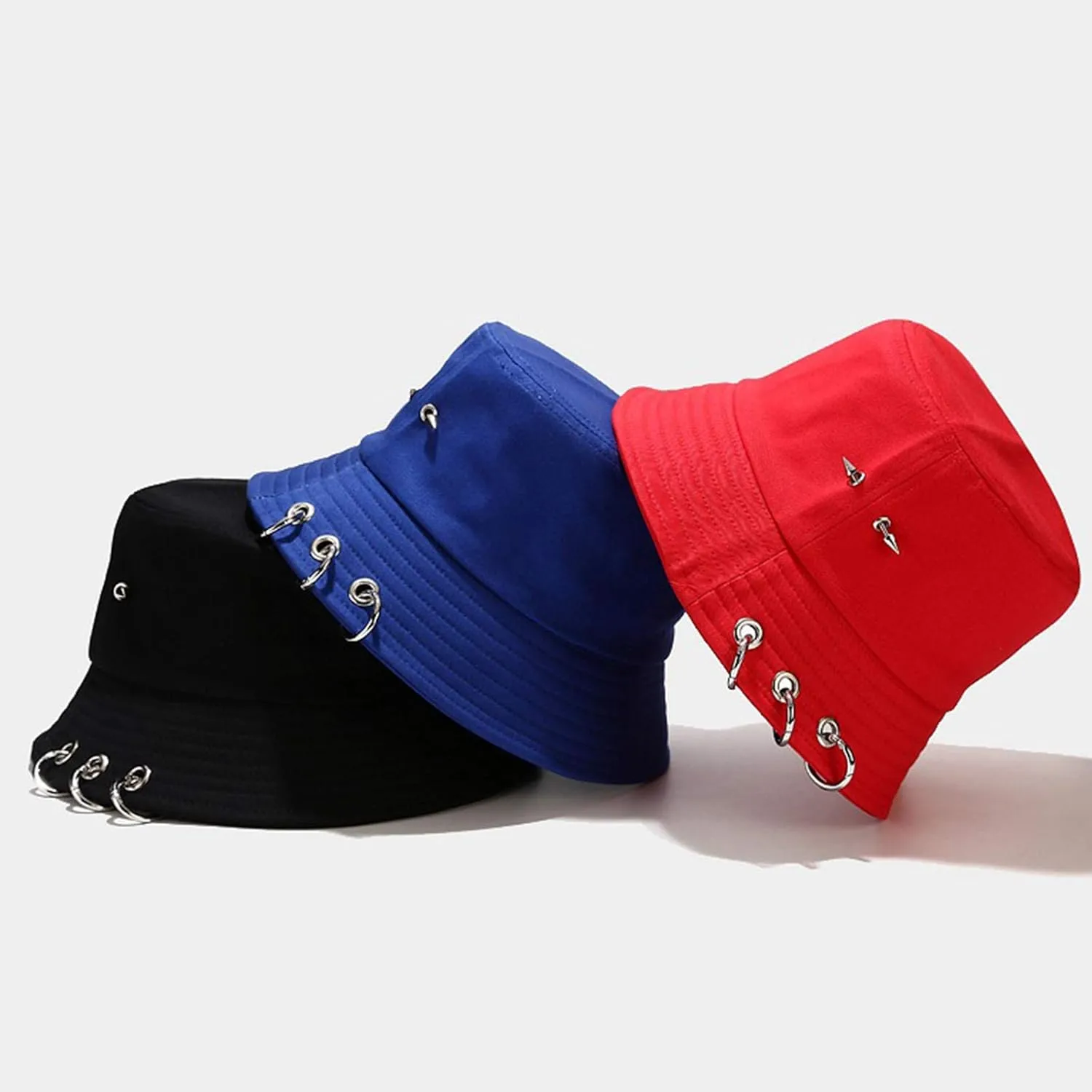 Spiked Rivets Bucket Hat Metal Rings Fisherman Cap Travel Bucket Beach Sun Hat for Women Men