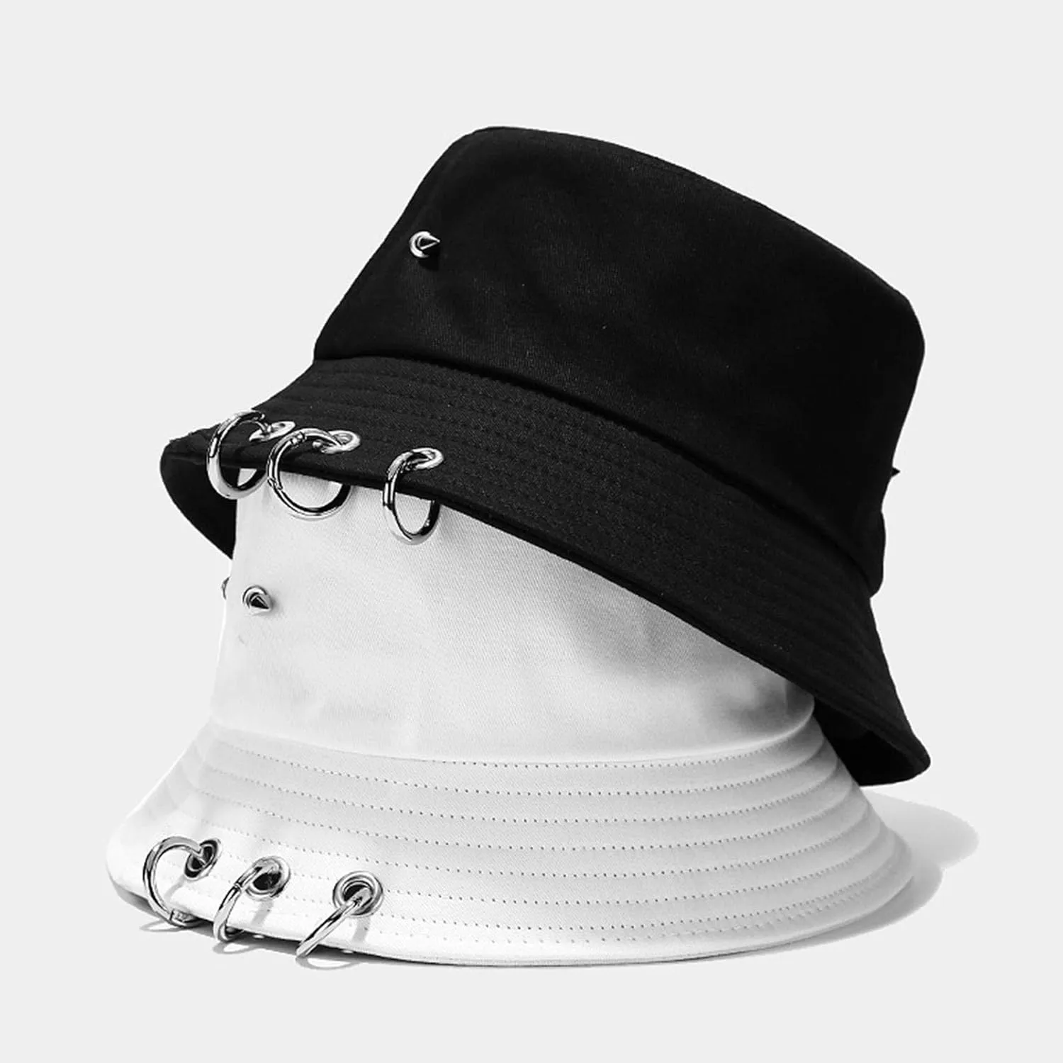 Spiked Rivets Bucket Hat Metal Rings Fisherman Cap Travel Bucket Beach Sun Hat for Women Men