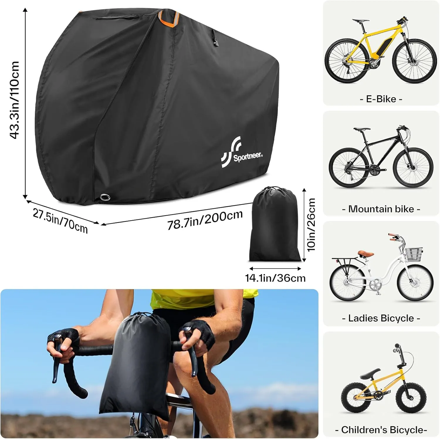 Sportneer Bike Cover: Waterproof Outdoor Bicycle Covers with Lock Hole & Storage Bag - Rain Sun UV Dust Wind Proof Bike Covers for Mountain Road Electric Bike