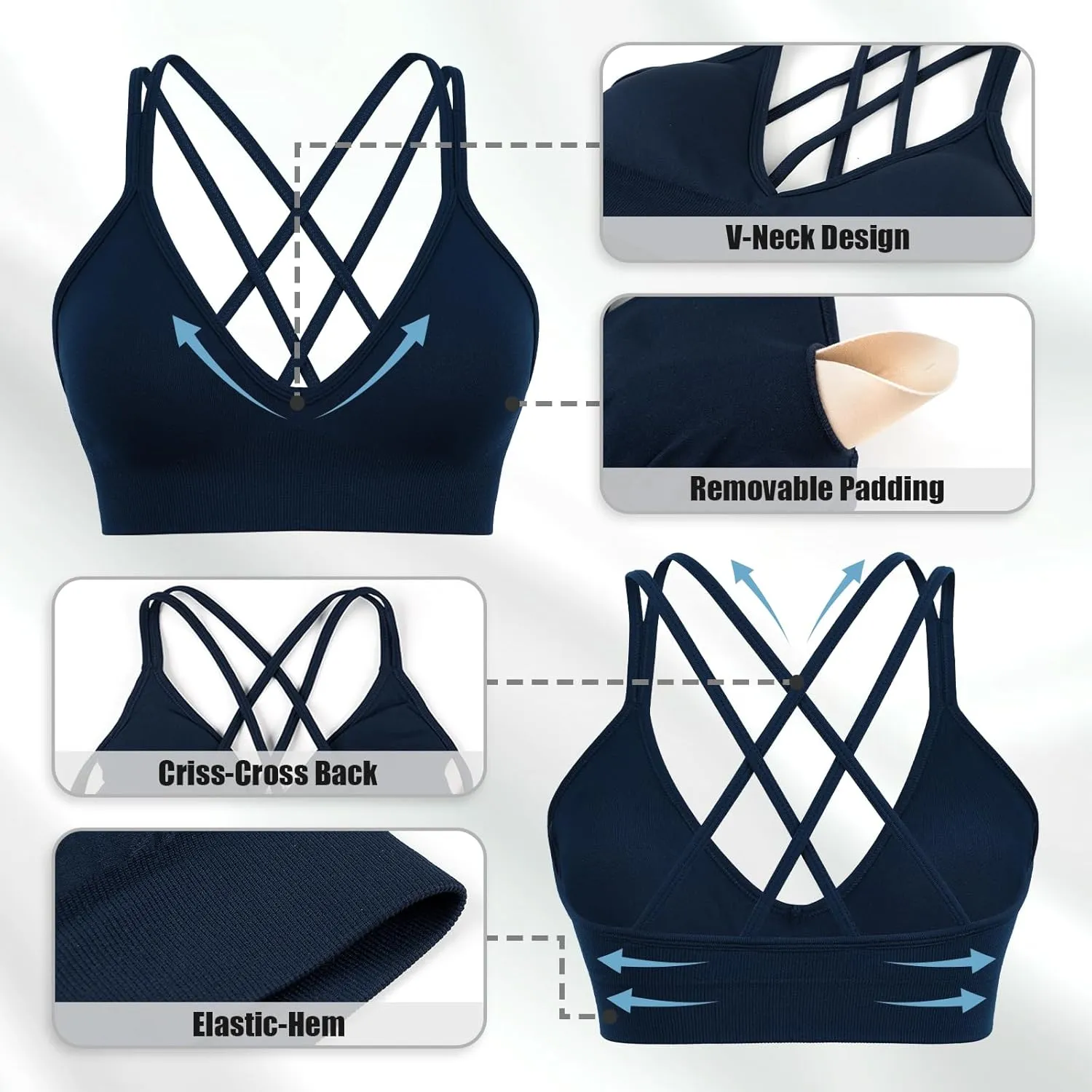 Sports Bra for Women V-Neck Strappy Criss Cross Yoga Bra Padded Medium Support Workout Gym Athletic Fitness Bras 3 Pack