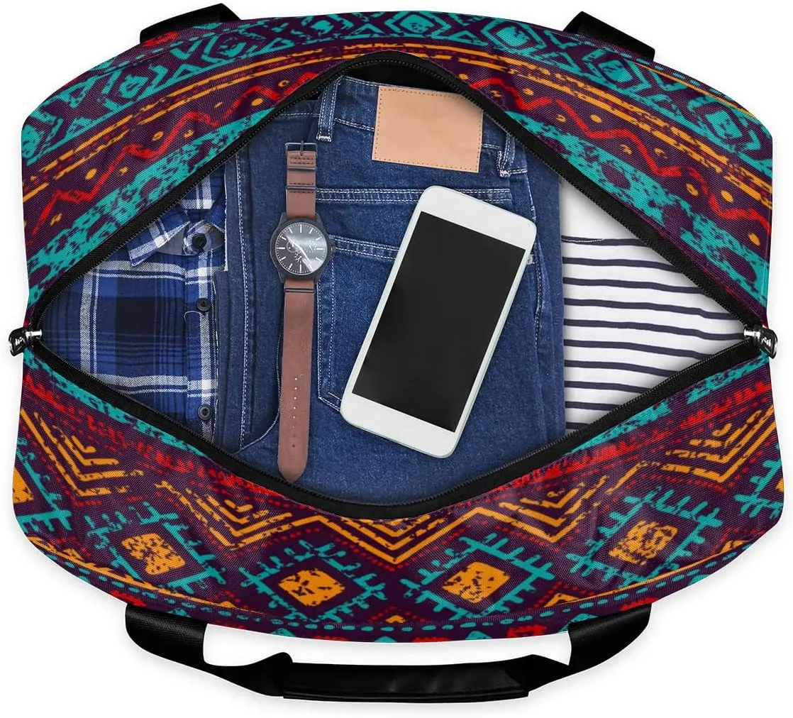 Sports Gym Bag Western Ethnic Aztec Travel Duffel Bag Waterproof Lightweight Swim Bag Travel Tote Luggage Weekender Overnight Handbag Workout Bag with Shoes Compartment for Women Men