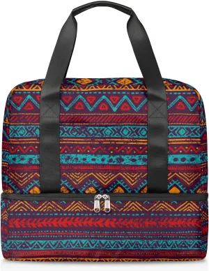 Sports Gym Bag Western Ethnic Aztec Travel Duffel Bag Waterproof Lightweight Swim Bag Travel Tote Luggage Weekender Overnight Handbag Workout Bag with Shoes Compartment for Women Men