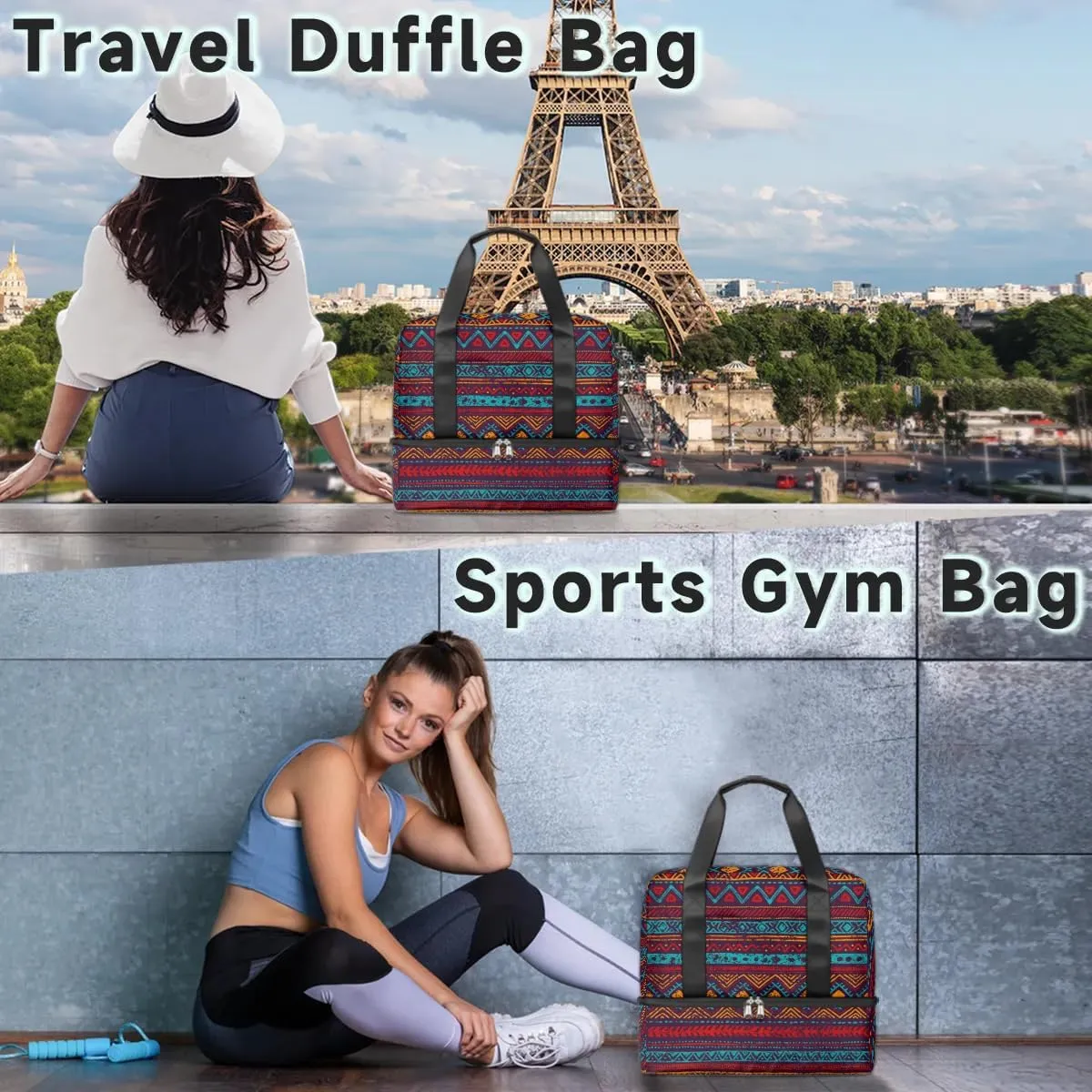Sports Gym Bag Western Ethnic Aztec Travel Duffel Bag Waterproof Lightweight Swim Bag Travel Tote Luggage Weekender Overnight Handbag Workout Bag with Shoes Compartment for Women Men